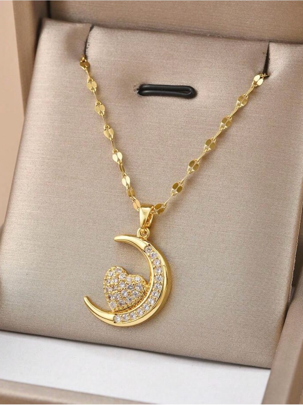 Gold Crescent Moon and Pave Heart Pendant Necklace - Women Jewelry